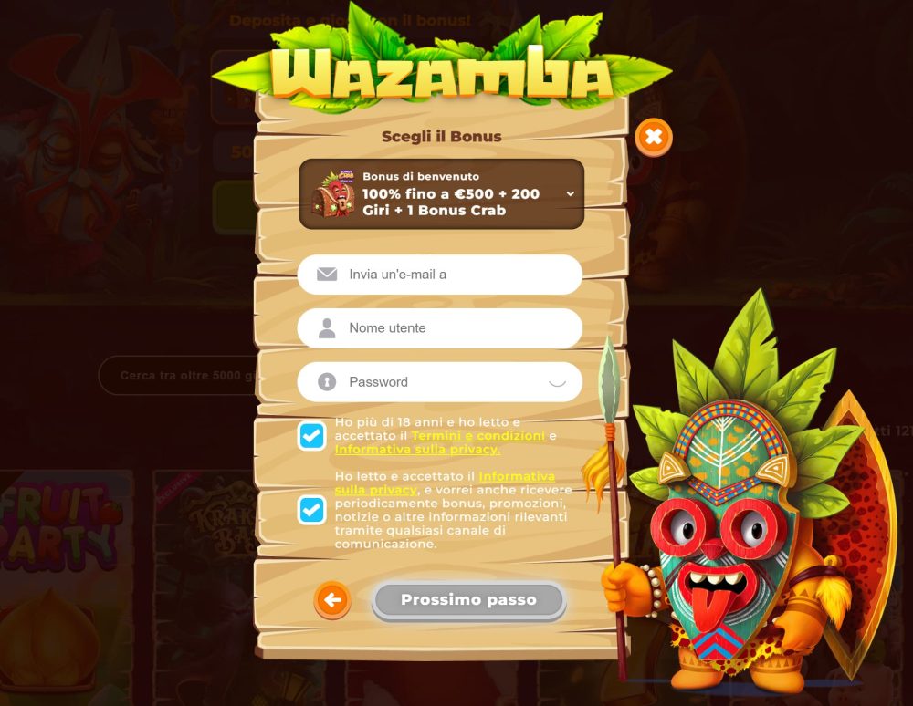Wazamba Login - Processo di registrazione